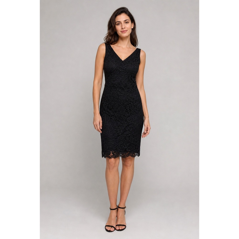 Adrienne Vittadini Sheath Dress Black Floral Lace Womens 2 V-Neck Made in Italy